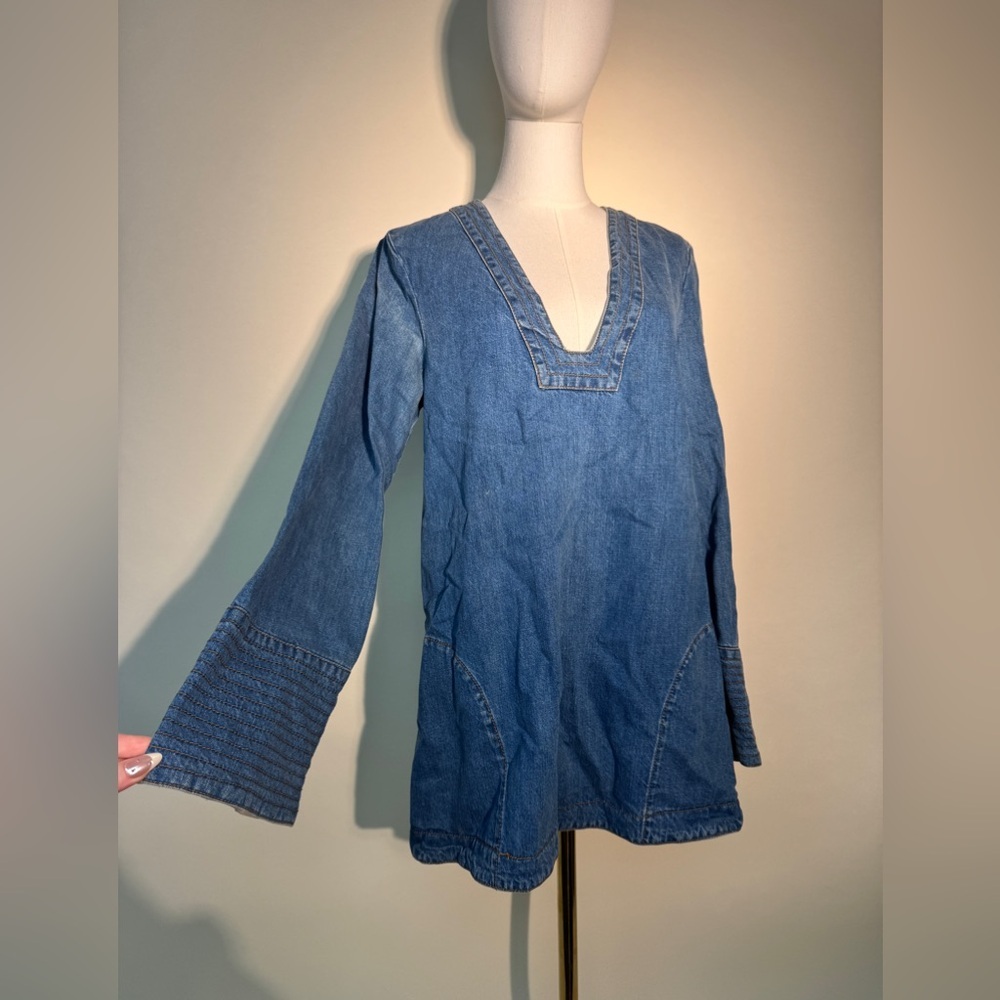 AS IS Free People Bohemian Blue Denim V-Neck Oversized Tunic Top